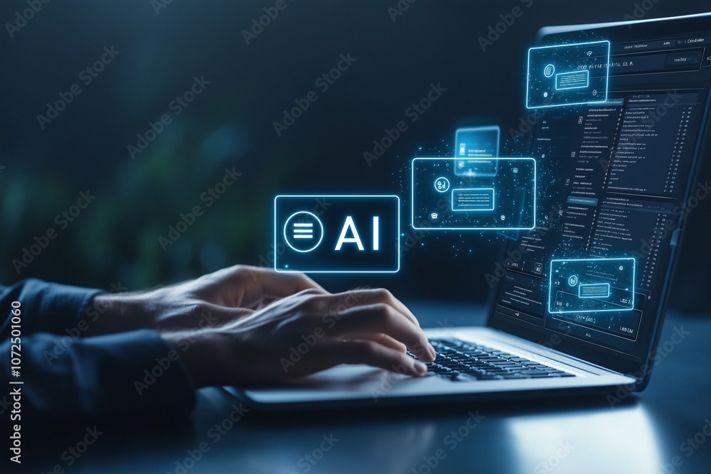 Poster person working on a laptop with ai interface illustrations, symbolizing artificial intelligence inte