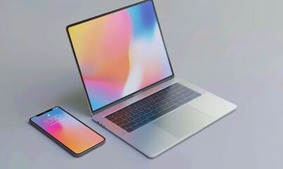 Mockup of a telephone and laptop on a grey background, Generative AI.