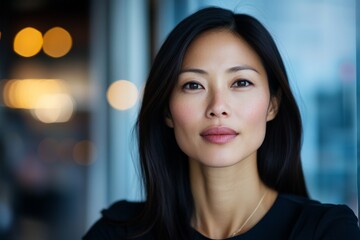 Obraz premium Portrait of a confident Asian woman with long black hair, standing in front of a blurred background with warm bokeh lights, reflecting modern elegance.