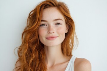 Visually appealing image of a smiling red-haired woman with freckles, standing against a plain white wall, capturing simplicity, elegance, and natural beauty.