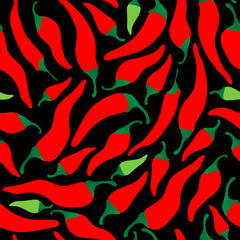 Seamless pattern with hand drawn red and green chili pepper on black background. Design for fabric, kitchen decor, cover, wallpaper packaging paper.