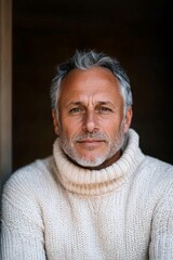 Obraz premium A distinguished middle-aged man wearing a white knitted sweater, with graying hair and a gentle smile, exuding warmth and confidence against a dark background.