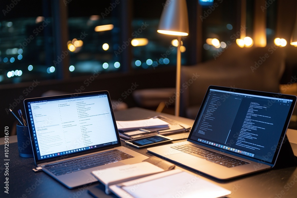 Poster two laptops on a modern office desk with screens displaying code and data, softly lit by a desk lamp