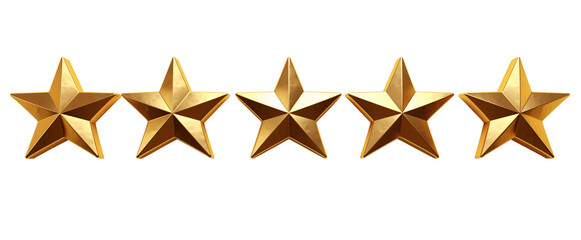 et of A 3D rendering of five golden stars isolated , on a transparent background cutout