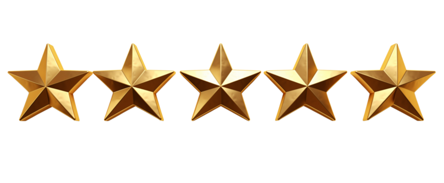 et of A 3D rendering of five golden stars isolated , on a transparent background cutout