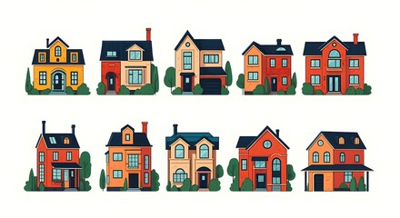 Naklejka premium Modern House Designs for Every Style, Unique Home Illustrations Collection, Vibrant Architectural House Concepts, Minimalist House Designs with Greenery, Colorful Cartoon House Inspirations.