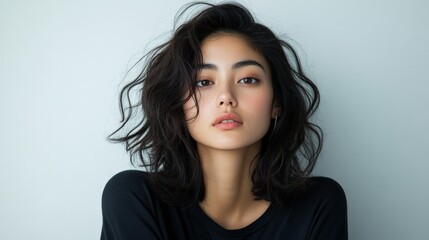 Fototapeta premium A striking woman with tousled dark hair gazes intently, dressed in a simple black shirt. The portrait captures a strong and confident aura against a plain backdrop.