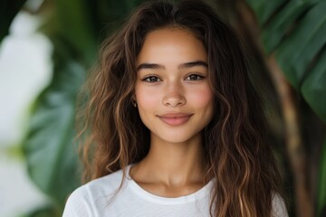 Fototapeta premium A young woman with wavy hair stands amidst lush greenery, wearing a white shirt. Her calm expression and the natural setting create a sense of tranquility.