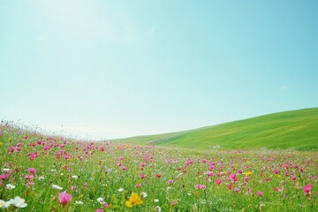 Blooming wildflower meadow under clear blue sky.