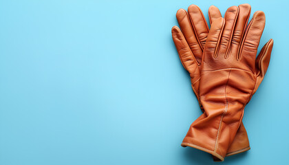 Pair of stylish leather gloves on blue background, flat lay. Space for text
