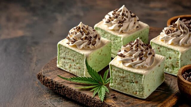 Green and white squares of cake with chocolate shavings and a green leaf in front of them