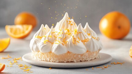 Fototapeta premium Classic tangerine meringue pie with golden peaks, isolated on a muted gray background with tangerine zest sprinkled decoratively