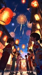 Celebrating summer nights in a vibrant Japanese festival filled with traditional kimonos and brilliant fireworks in the sky. Generative AI