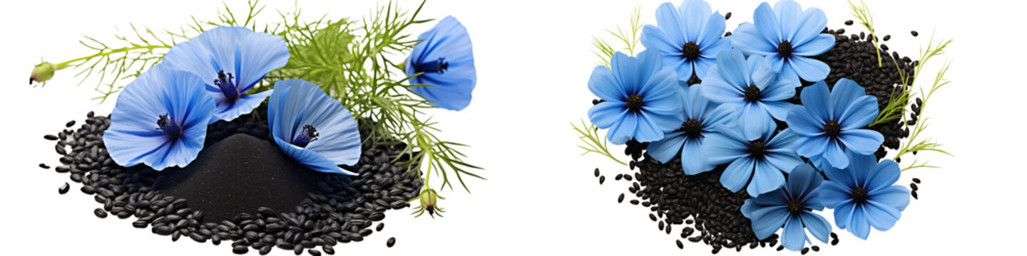 set of A Black cumin seed with blue and sockets flower isolated isolated on transparent background cutout, Black cumin seeds arranged