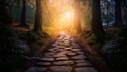 Obraz premium mysterious stone path in a dark forest with a glowing warm light at the end symbolizing hope and adventure