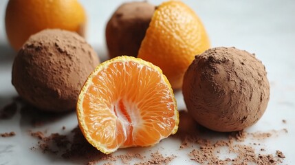Tangerine chocolate truffles dusted with cocoa, on a white background with a hint of zest