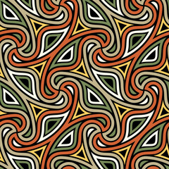 Seamless repeating pattern with an intricate design of interlocking wavy geometric elements. Modern ethnic style in black, white, green, and orange. Graphic vector illustration.