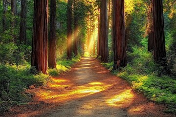 Obraz premium Sunlit forest path with tall redwood trees.
