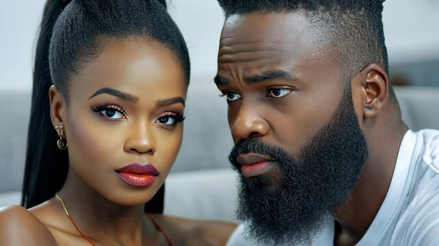 A woman with long black hair and red lipstick looks intensely at a man with a thick beard