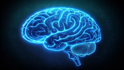Fototapeta premium Blue neon brain shape on black background 