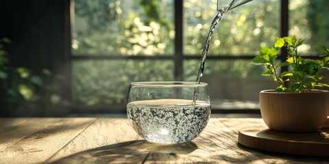 Water Pouring into a Glass on a Wooden Table with a Plant