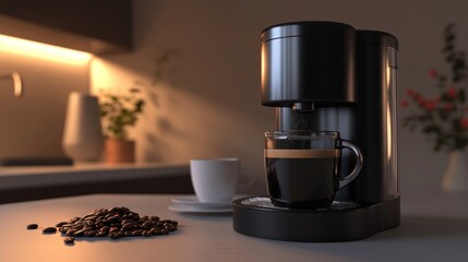 A coffee machine brews espresso beside a cup and coffee beans in a cozy kitchen setting.