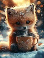 Charming winter fox holding a steaming cup, perfect for cozy decor, wall art, or festive designs, radiating warmth and whimsy in snowy surroundings.