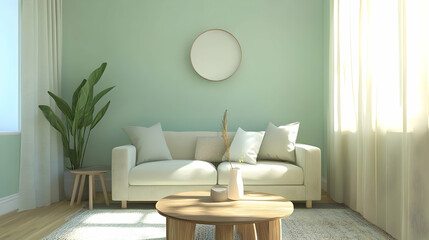 Minimalist Modern Living Room with Soft Mint Green Walls, Neutral Beige Sofa, and Simple Wood Coffee Table, Featuring Clean Furniture and a Fresh, Light Atmosphere