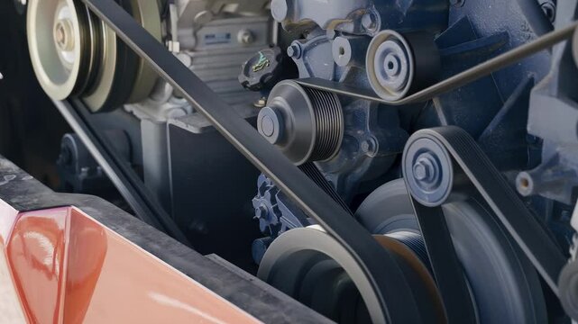 Watch as the compressor pulley rotates smoothly, driven by the engine's belt system, showcasing the intricate mechanics at play under the hood of this machine, highlighting precision engineering.