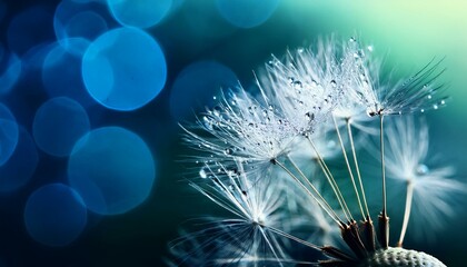 Obraz premium beautiful shiny dew water drop on dandelion seed in nature macro soft selective focus sparkling bokeh dark blue green background