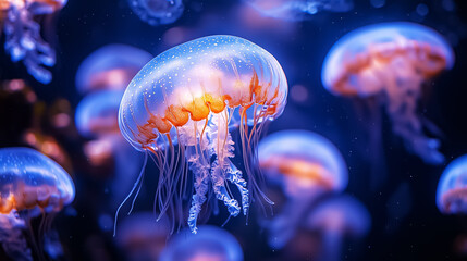 Stunning jellyfish in a mesmerizing underwater scene, perfect for wall art, posters, and marine-themed decor, evoking tranquility and beauty in blue tones.