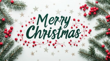 Classic green "Merry Christmas" with red berries on a white background, surrounded by subtle festive stars.