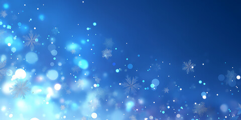 Fototapeta premium Abstract winter background with soft bokeh lights and delicate snowflakes on a deep blue backdrop, creating a serene, festive atmosphere.
