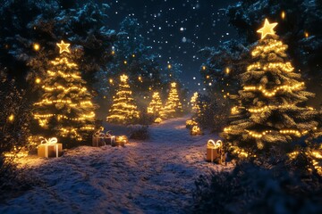 Illuminated Christmas Trees in a Snowy Forest at Night