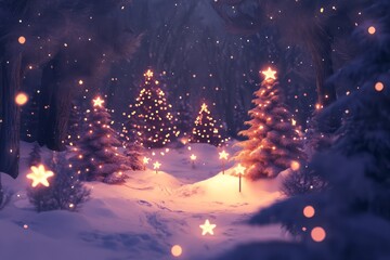 Naklejka premium Illuminated Christmas Trees in a Snowy Forest at Night