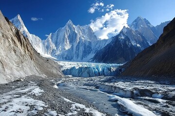 Adventurer on glacier in snowy mountain landscape.