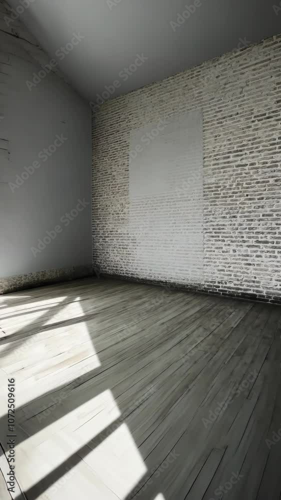 Poster sunlight streams through a window, casting shadows on the wooden floor of an empty room with white b