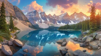Mountain Lake at Sunset with Pink Clouds Reflected in the Water