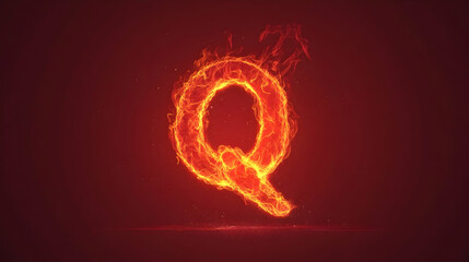 A fiery, burning letter Q made from flames on a red background.
