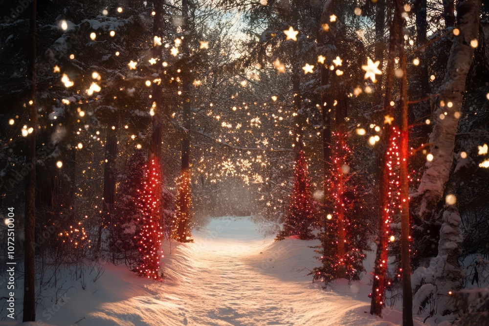 Poster A Snowy Forest Path Adorned with Twinkling Lights