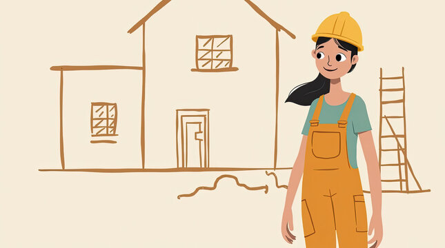 Illustration of a Female Construction Worker in Uniform and Helmet in Front of a Drawn House - Ilustraci&oacute;n de una mujer constructora con uniforme y casco