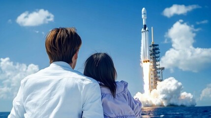 A father and daughter watch a rocket launch from a boat against a vibrant blue sky filled with clouds