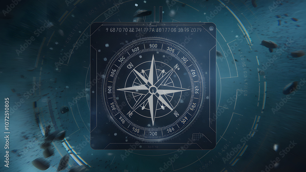 Poster a detailed compass design floating in a dark underwater environment surrounded by particles and soft