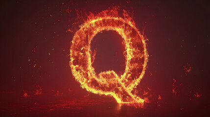 A fiery letter Q, burning bright against a dark red background.