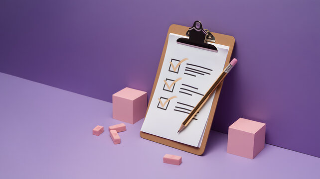 A checklist on a clipboard with a pencil and pink blocks on a purple background in a creative workspace