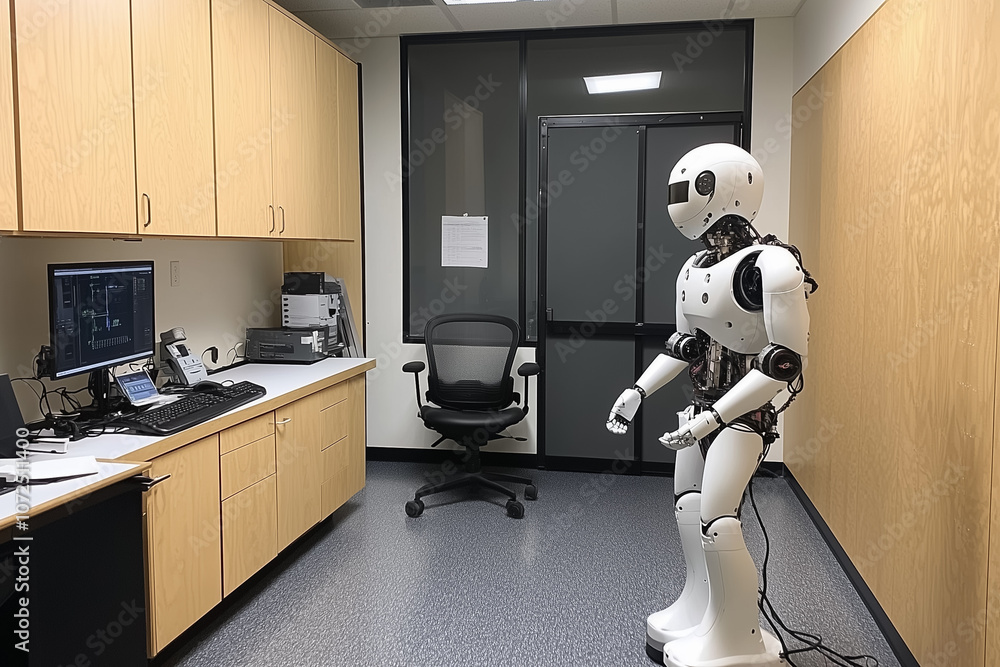 Poster a humanoid robot is positioned in an office, indicating the integration of robotics in daily work se