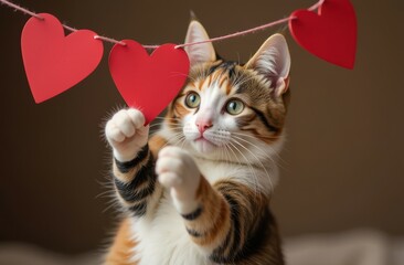 Cute calico cat playing with heart-shaped garland. Valentine's day concept. Pets during holidays....