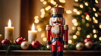 classic nutcracker soldier decorated mantelpiece pine garlands ornaments soft golden bokeh lights background nostalgic holiday charm