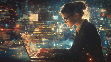 Woman typing code on multiple screens, nighttime office setting with city lights in the background