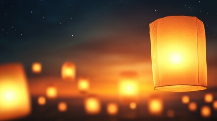 Floating lanterns illuminate the night sky with a warm, enchanting glow, AI